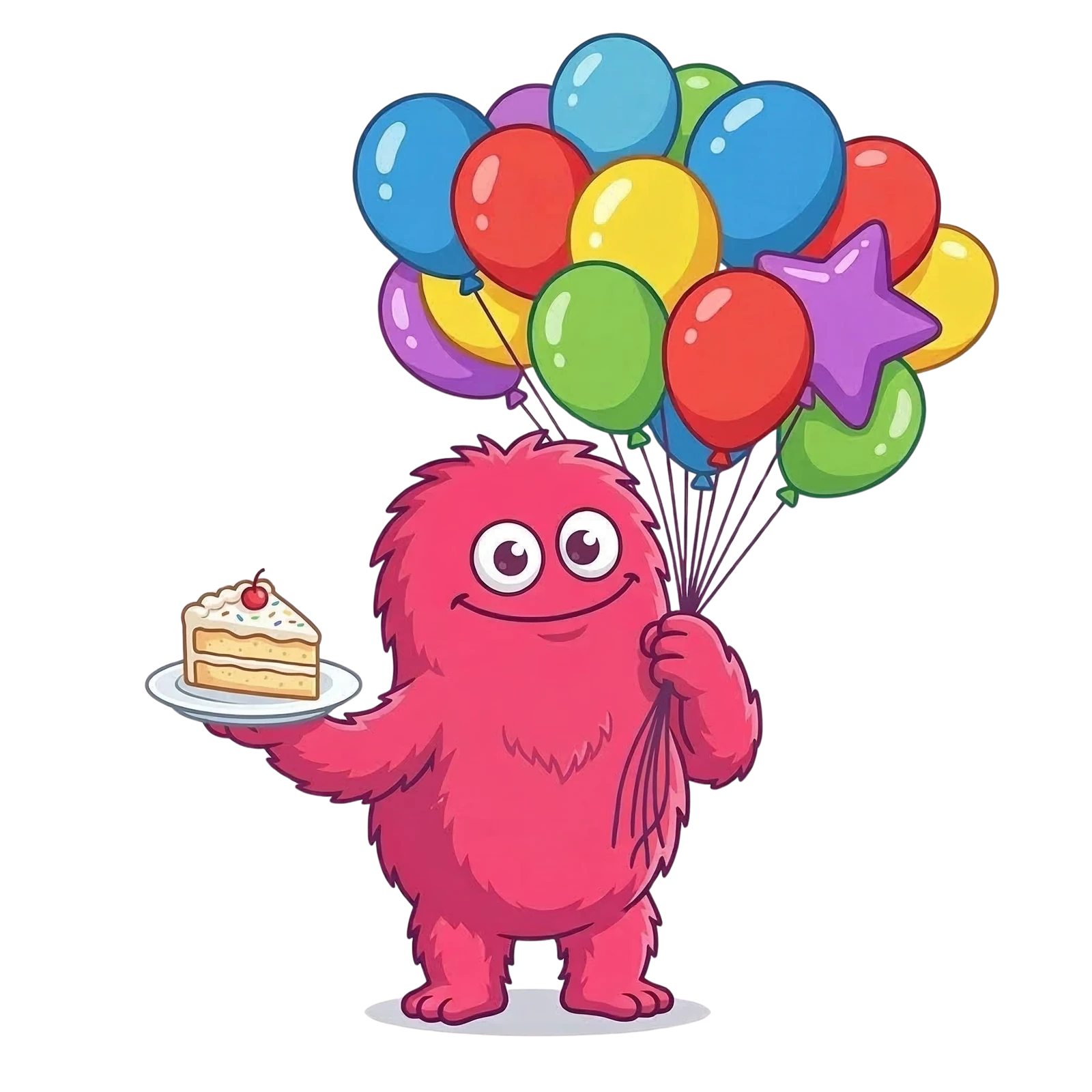 The monster holding balloons and a slice of cake