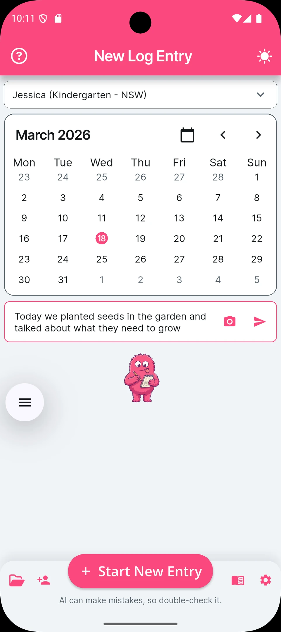 The Learning Log app's calendar for logging daily activities