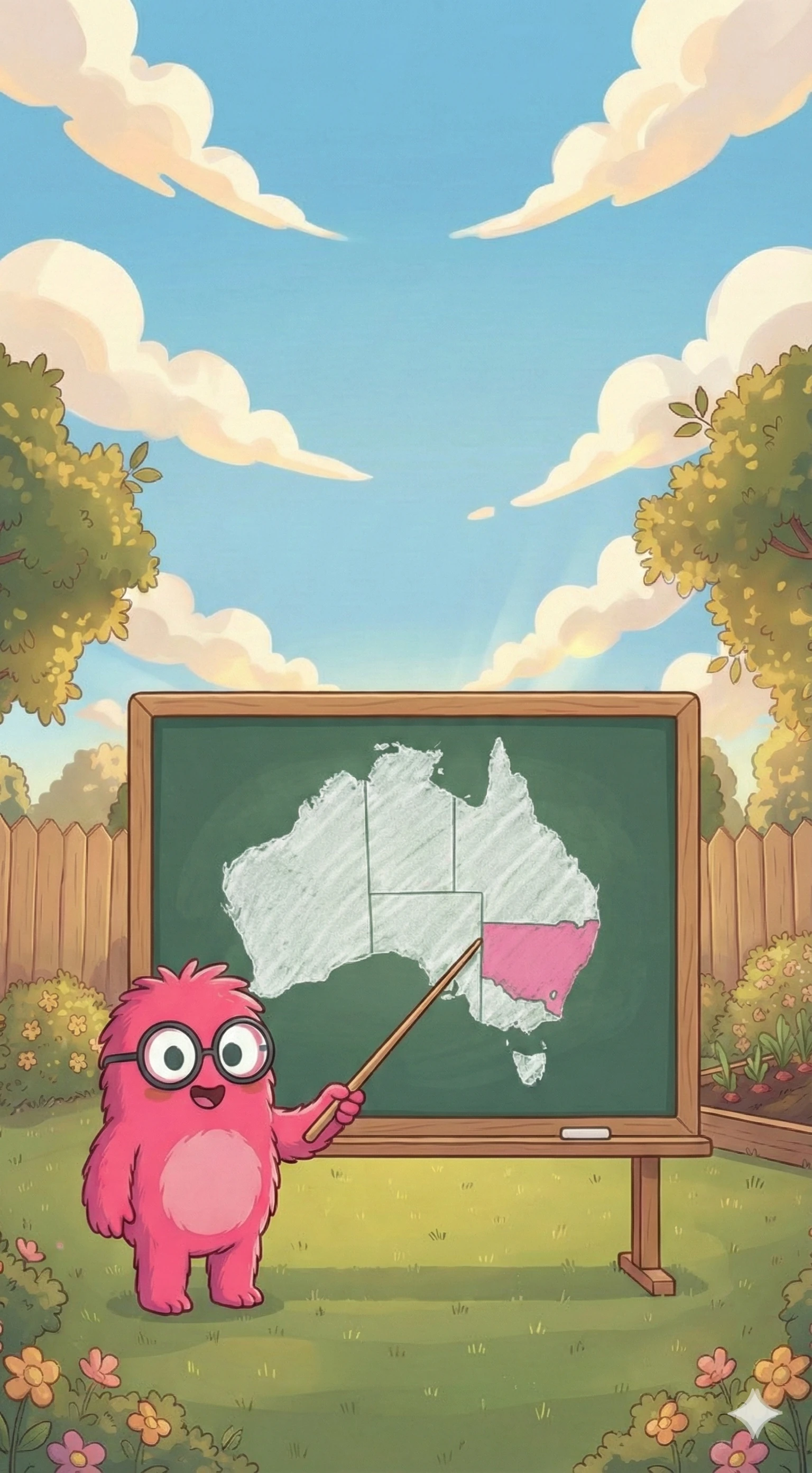 The monster pointing at a map of Australia on a blackboard