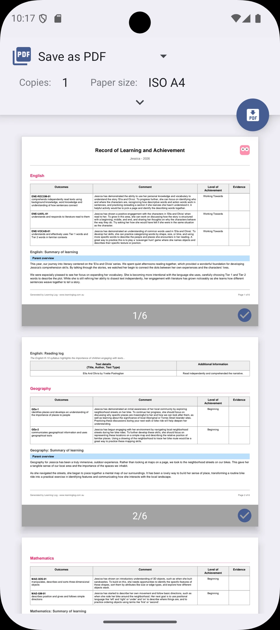 The Learning Log app generating a Record of Learning and Achievement
