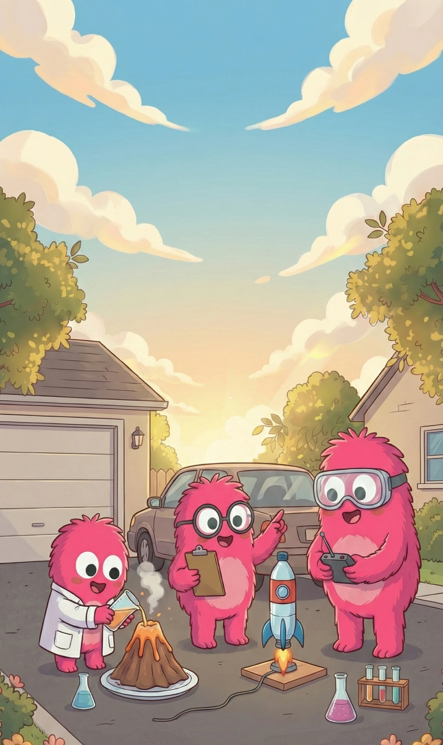 Three monsters in lab coats with a backyard volcano and a bottle rocket